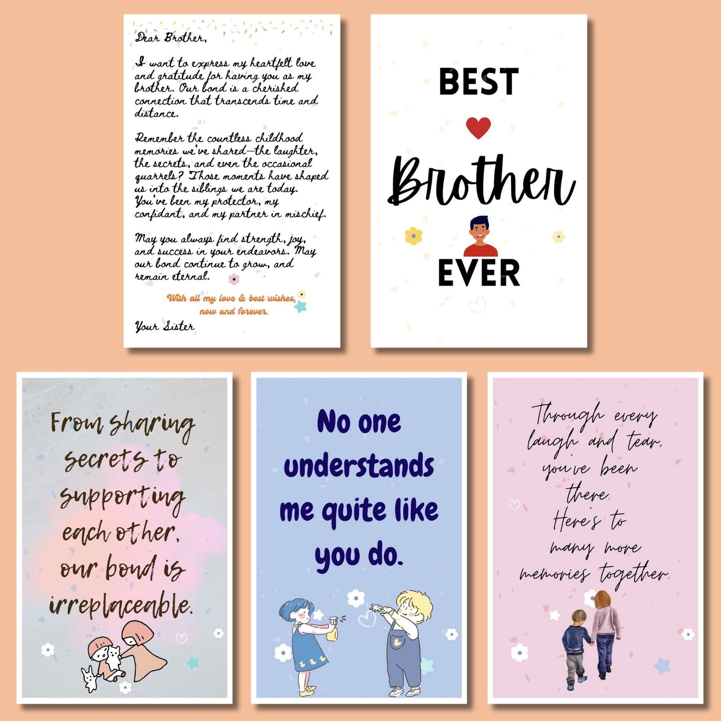 Greetsy Rakhi Gift Combo of Best Brother Ever Quote/Message Cards (Set of 10 Cards) with Rakhi and Letter from Sister | Gift for Brother | RakshaBandhan Cards from Sister