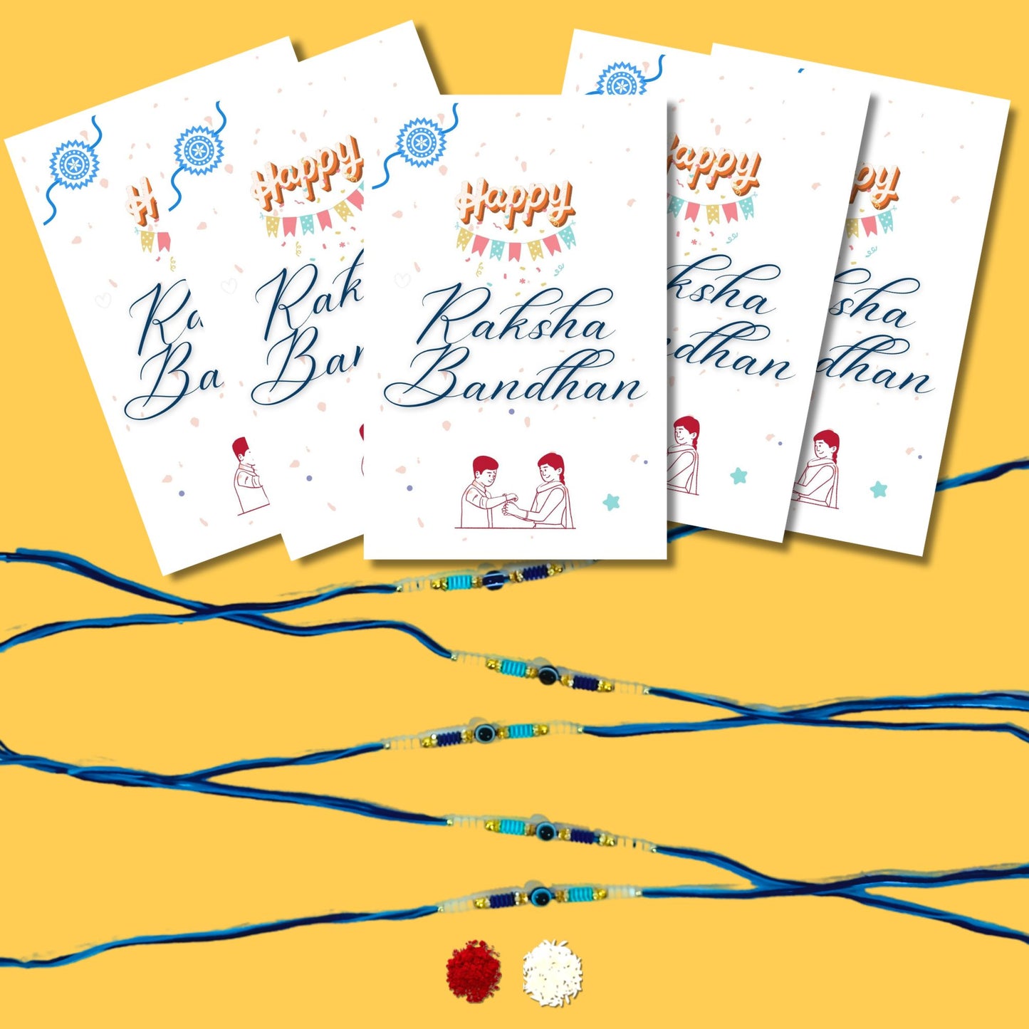 Greetsy Evil Eye Nazar Blue Beads Rakhi Combo for Brother with Happy Rakshabandhan Cards| Set of 5 | With Rakhi with Roli Chawal Pack