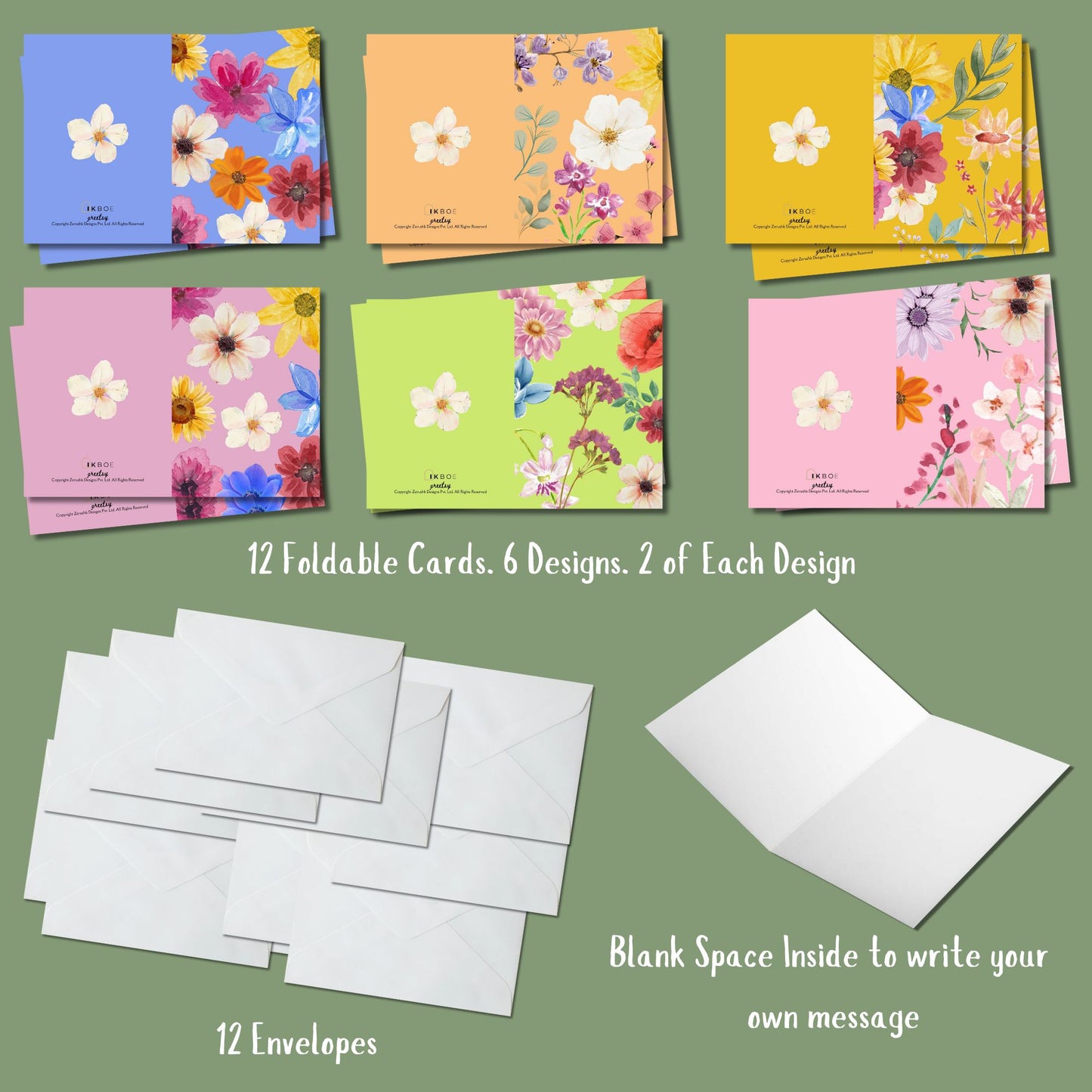 Greetsy Set of 12 Floral Bloom Greeting Cards | Foldable Notecards Cards with Envelopes | Thank you, Appreciation, Gratitude, Birthday, Anniversary, Festive Wishes | 3 Inch x 4.25 Inch