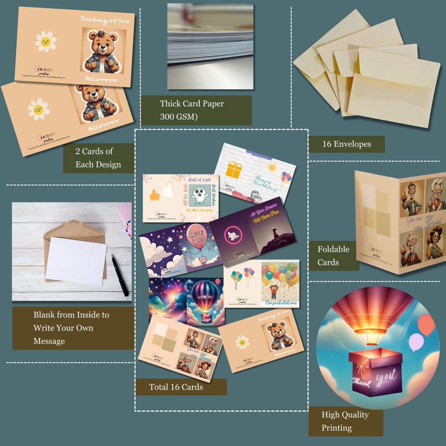 Greetsy Greeting Cards Set - 16 Cards with Envelopes for Different Occasion | Notecards | Gift Cards | Unique & Creative Gifting Ideas