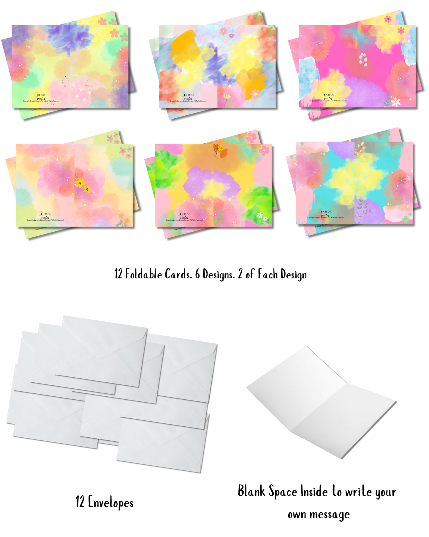Greetsy Set of 12 Spectra Greeting Cards | Foldable Notecards Cards with Envelopes | Thank you, Appreciation, Gratitude, Birthday, Anniversary, Festive Wishes | 3 Inch x 4.25 Inch