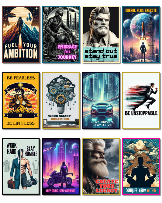 Greetsy Inspire 2 Aspire Futuristic Motivational Posters | 350 GSM Art Quality | Matte Finish | Set of 12 | A4 Size | Vibrant, Uplifting Quotes | Punk & Techno Art for Office, Home & Gifting