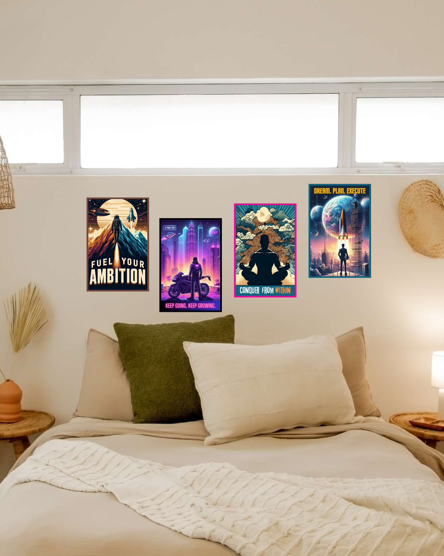 Greetsy Inspire 2 Aspire Futuristic Motivational Posters | 350 GSM Art Quality | Matte Finish | Set of 12 | A4 Size | Vibrant, Uplifting Quotes | Punk & Techno Art for Office, Home & Gifting