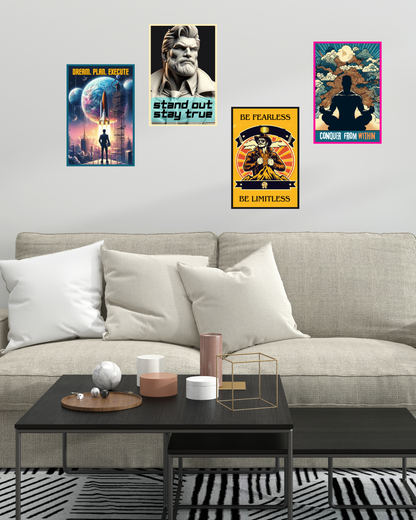 Greetsy Inspire 2 Aspire Futuristic Motivational Posters | 350 GSM Art Quality | Matte Finish | Set of 12 | A4 Size | Vibrant, Uplifting Quotes | Punk & Techno Art for Office, Home & Gifting