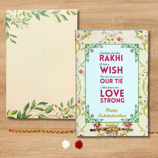Greetsy Rakshabandhan Greeting Card with Designer Bhai Rakhi & Roli Chawal Gift Combo in Shimmer Envelope | Bhai Rakhi from Sister | Rakhi for Brother