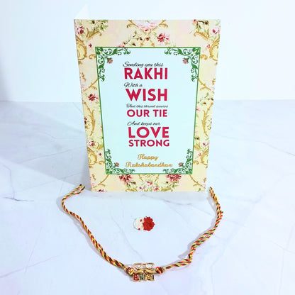 Greetsy Rakshabandhan Greeting Card with Designer Bhai Rakhi & Roli Chawal Gift Combo in Shimmer Envelope | Bhai Rakhi from Sister | Rakhi for Brother