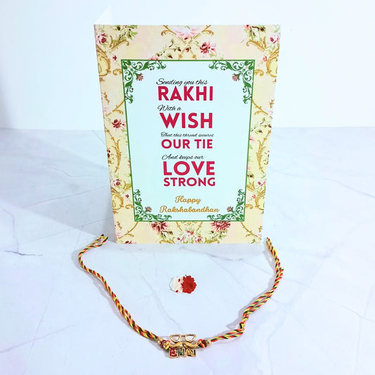 Greetsy Rakshabandhan Greeting Card with Designer Bhai Rakhi & Roli Chawal Gift Combo in Shimmer Envelope | Bhai Rakhi from Sister | Rakhi for Brother