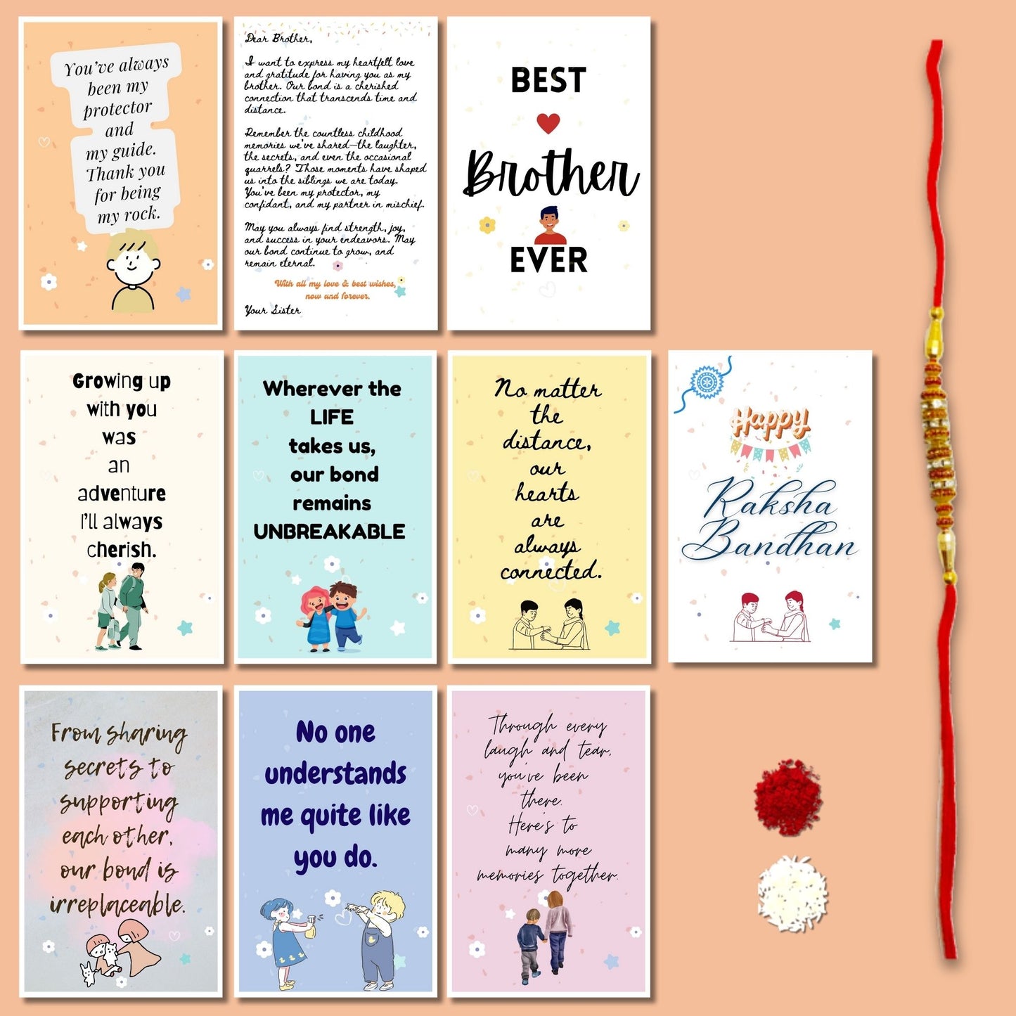 Greetsy Rakhi Gift Combo of Best Brother Ever Quote/Message Cards (Set of 10 Cards) with Rakhi and Letter from Sister | Gift for Brother | RakshaBandhan Cards from Sister