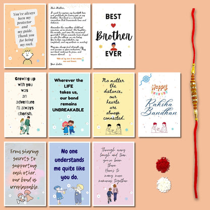 Greetsy Rakhi Gift Combo of Best Brother Ever Quote/Message Cards (Set of 10 Cards) with Rakhi and Letter from Sister | Gift for Brother | RakshaBandhan Cards from Sister