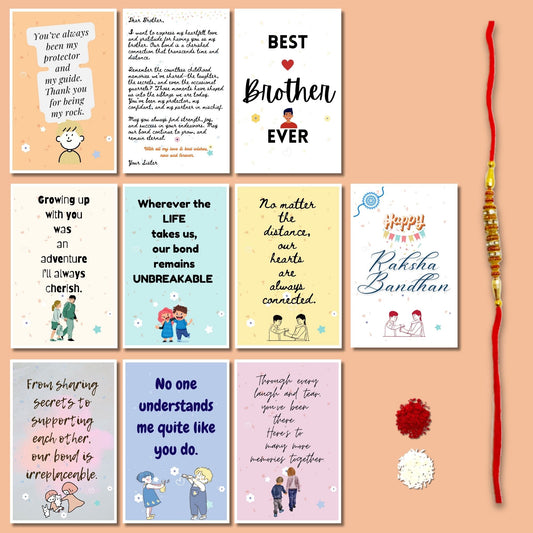 Greetsy Rakhi Gift Combo of Best Brother Ever Quote/Message Cards (Set of 10 Cards) with Rakhi and Letter from Sister | Gift for Brother | RakshaBandhan Cards from Sister