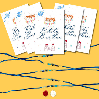 Greetsy Evil Eye Nazar Blue Beads Rakhi Combo for Brother with Happy Rakshabandhan Cards| Set of 5 | With Rakhi with Roli Chawal Pack