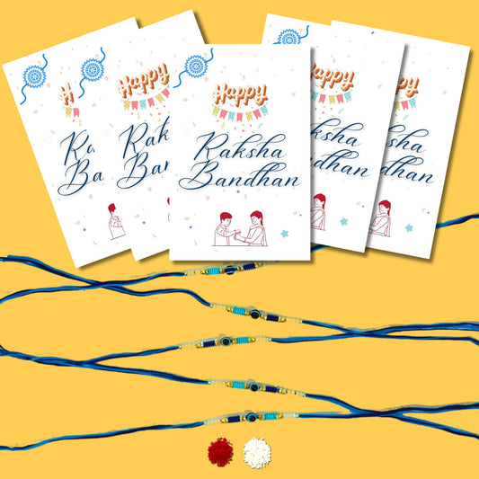 Greetsy Evil Eye Nazar Blue Beads Rakhi Combo for Brother with Happy Rakshabandhan Cards| Set of 5 | With Rakhi with Roli Chawal Pack