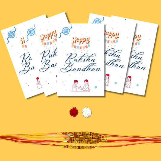 Greetsy Om Swastika Beads Rakhi Combo for Brother with Happy Rakshabandhan Cards & Roli Chawal | Set of 5 | With Rakhi & Roli Chawal Pack